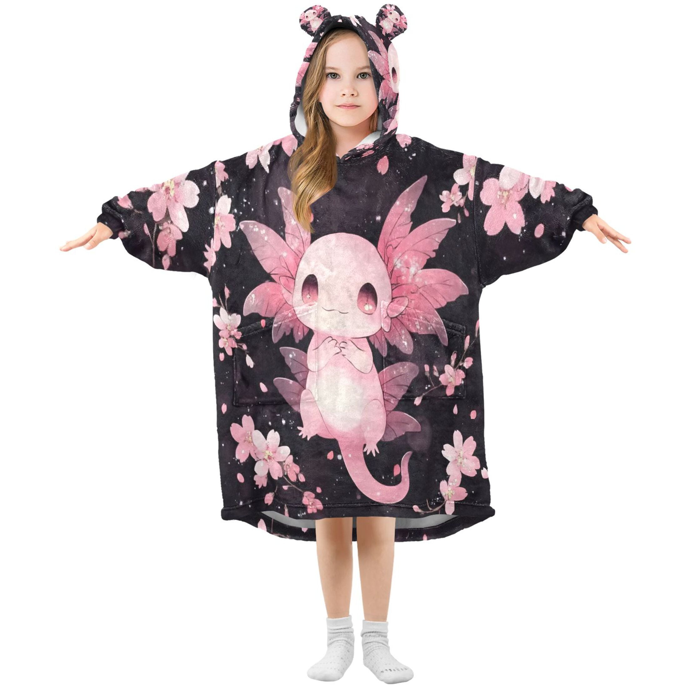 joogoo Wearable Blanket Hoodie Cute Axolotl Cherry Blossom for Flannel Sherpa Pocket 3-14 YR S