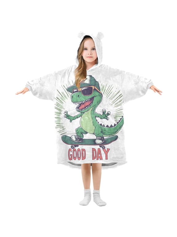 Kids Wearable Blanket Hoodie Cute Dinosaur for Flannel Sherpa Pocket 3-14 YR S
