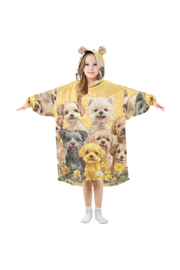 Wearable Blanket Hoodie Cute Dogs Floral for Flannel Sherpa Pocket 3-14 YR M
