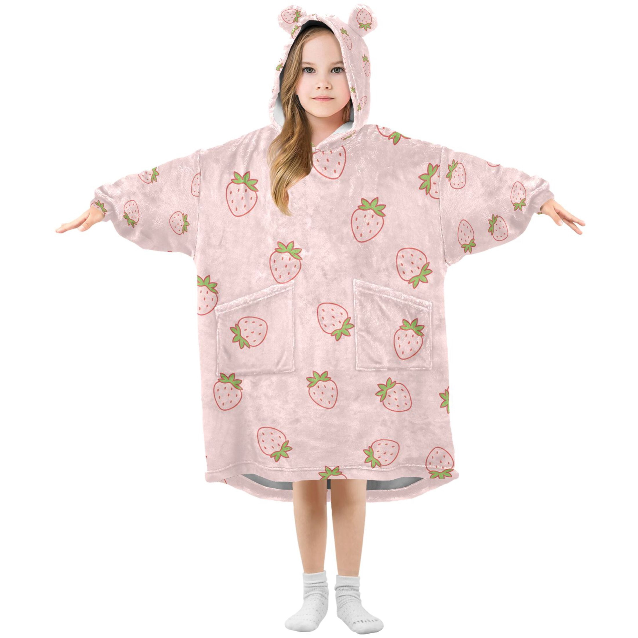 joogoo Wearable Blanket Hoodie Cute Strawberry Pink for Flannel Sherpa Pocket 3-14 YR L