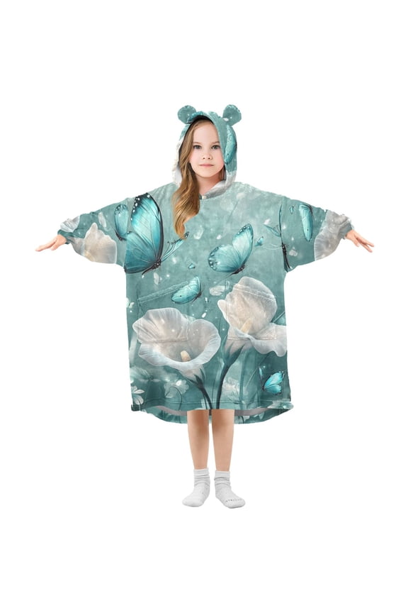 Wearable Blanket Hoodie Flower Butterfly-s1 for Flannel Sherpa Pocket 3-14 YR S