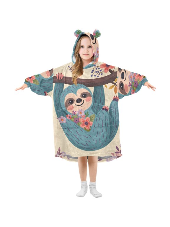 Kids Wearable Blanket Hoodie Funny Sloth for Flannel Sherpa Pocket 3-14 YR S