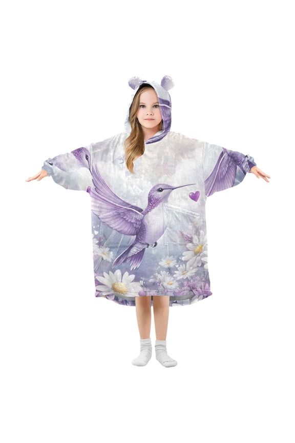Wearable Blanket Hoodie Hummingbirds Lavender Flower for Flannel Sherpa Pocket 3-14 YR S