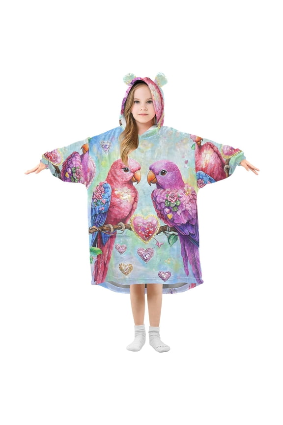 Wearable Blanket Hoodie Parrots on Branch for Flannel Sherpa Pocket 3-14 YR M