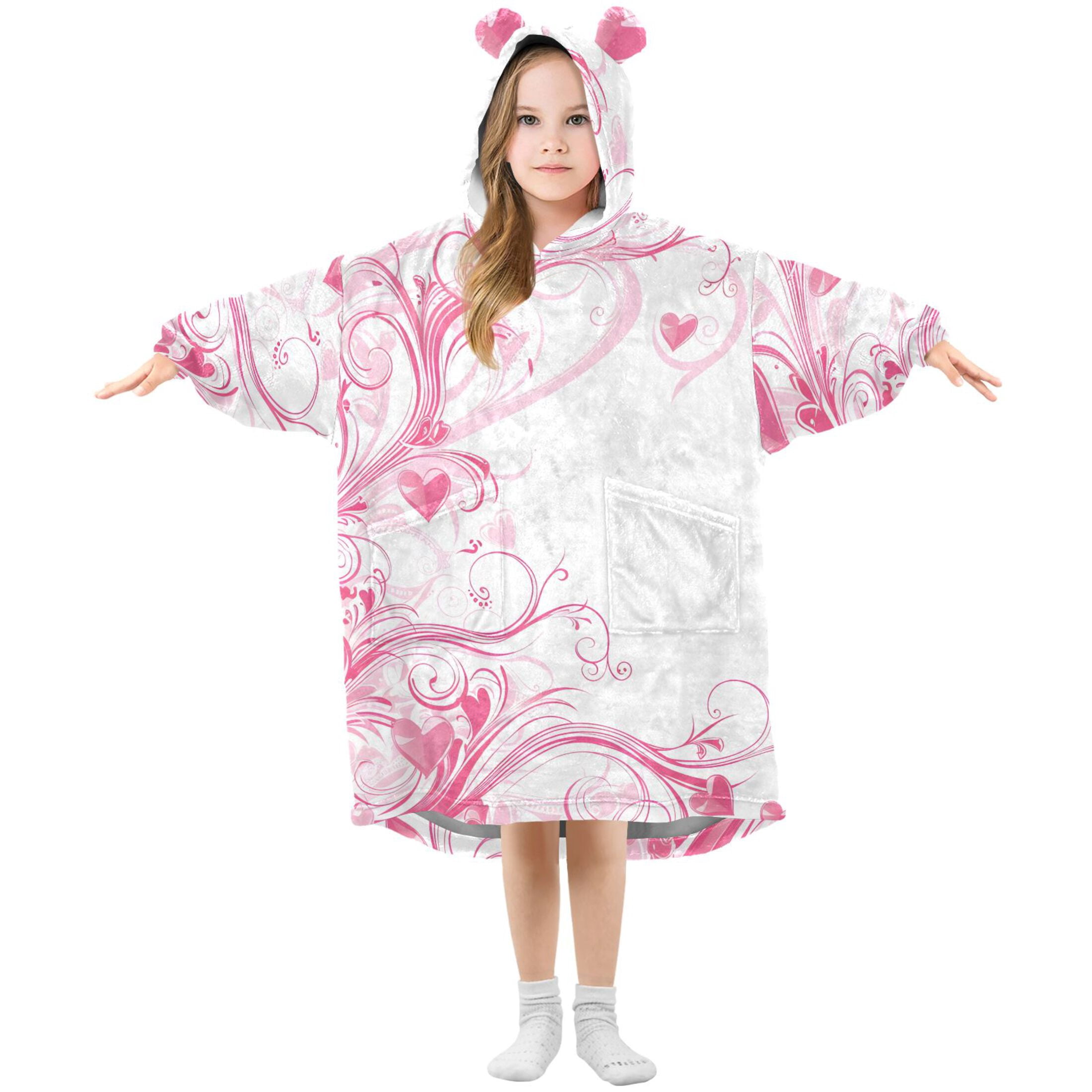 joogoo Wearable Blanket Hoodie Pink Hearts Swirls for Flannel Sherpa Pocket 3-14 YR L