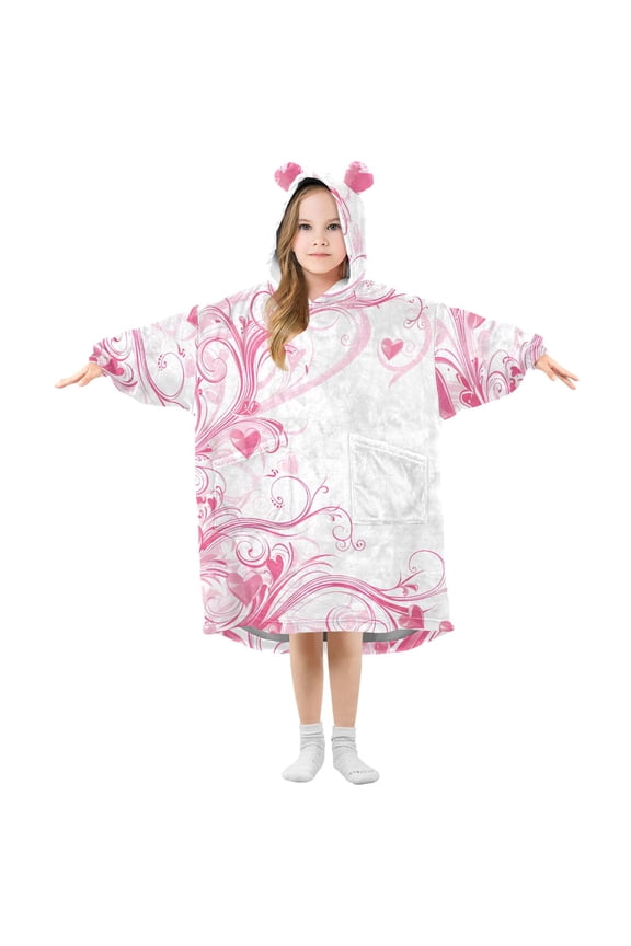 Wearable Blanket Hoodie Pink Hearts Swirls for Flannel Sherpa Pocket 3-14 YR L