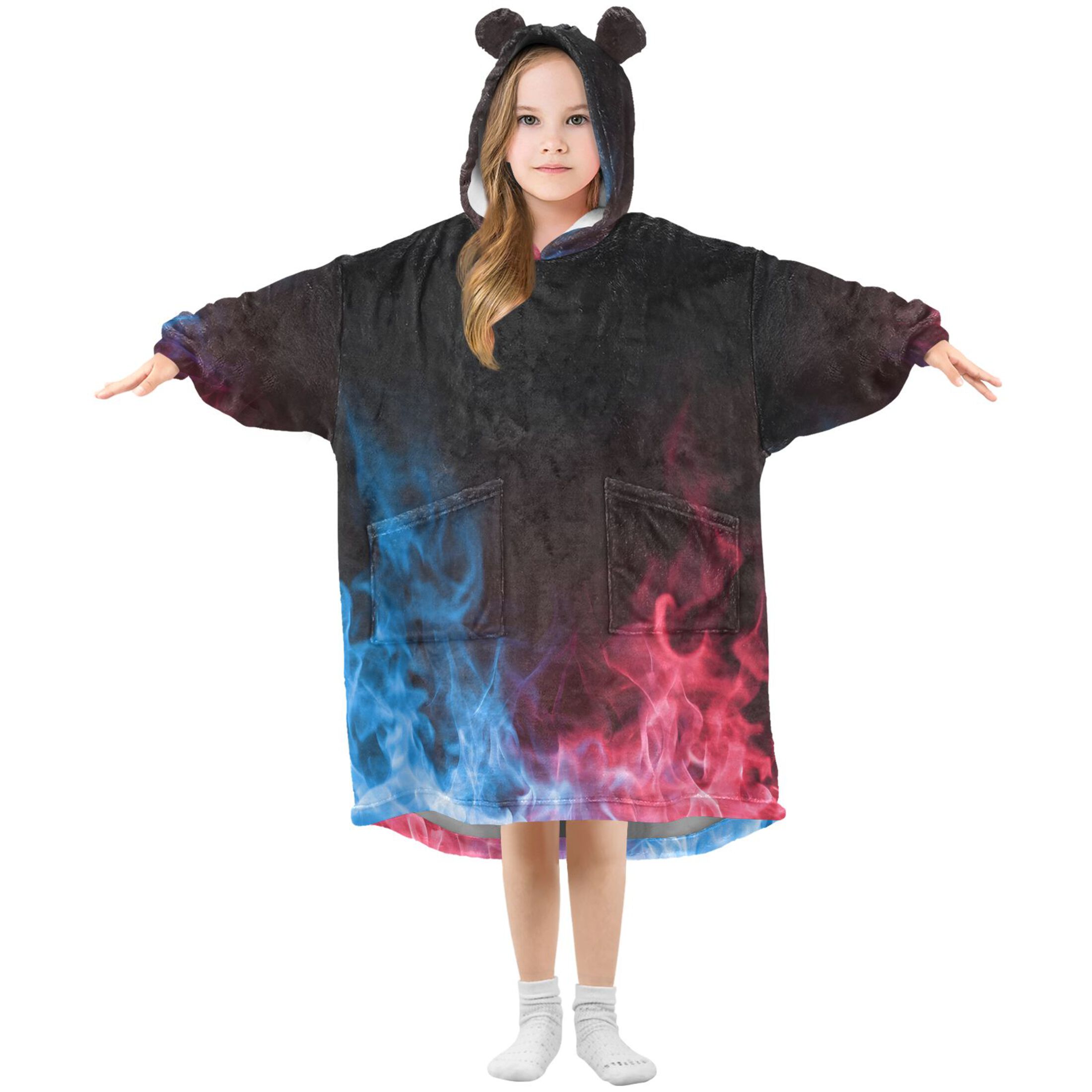 joogoo Wearable Blanket Hoodie Red Blue Flames for Flannel Sherpa Pocket 3-14 YR S