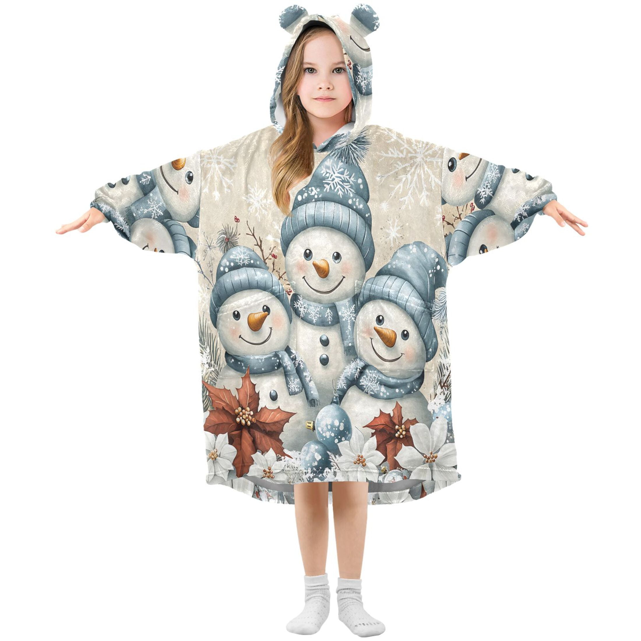 joogoo Wearable Blanket Hoodie Snowman Retro Poinsettia for Flannel Sherpa Pocket 3-14 YR S