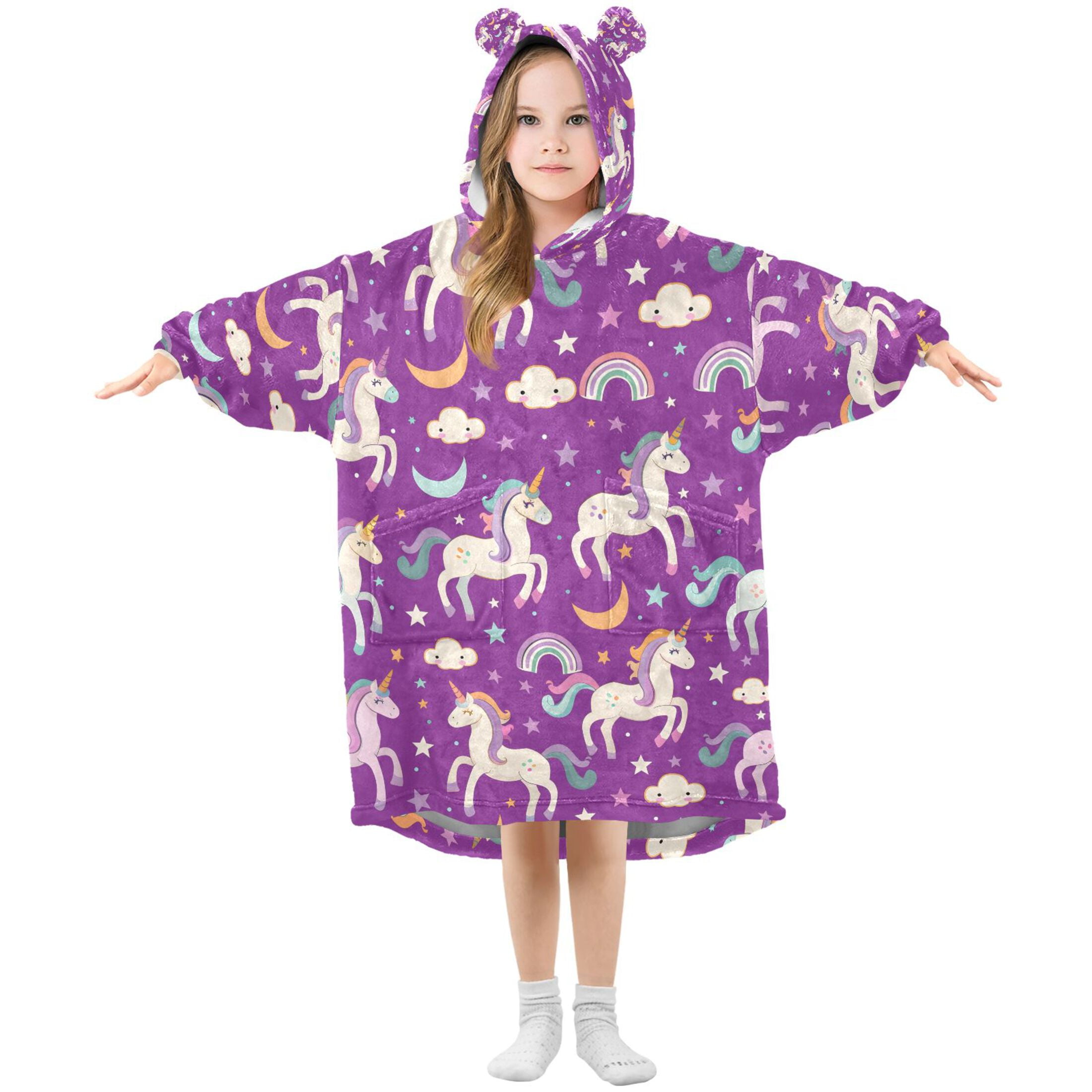 joogoo Wearable Blanket Hoodie Unicorn Rainbow Clouds for Flannel Sherpa Pocket 3-14 YR S