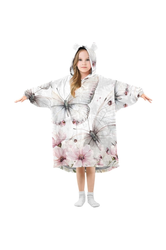 Wearable Blanket Hoodie Watercolor Butterflies Flower for Flannel Sherpa Pocket 3-14 YR S