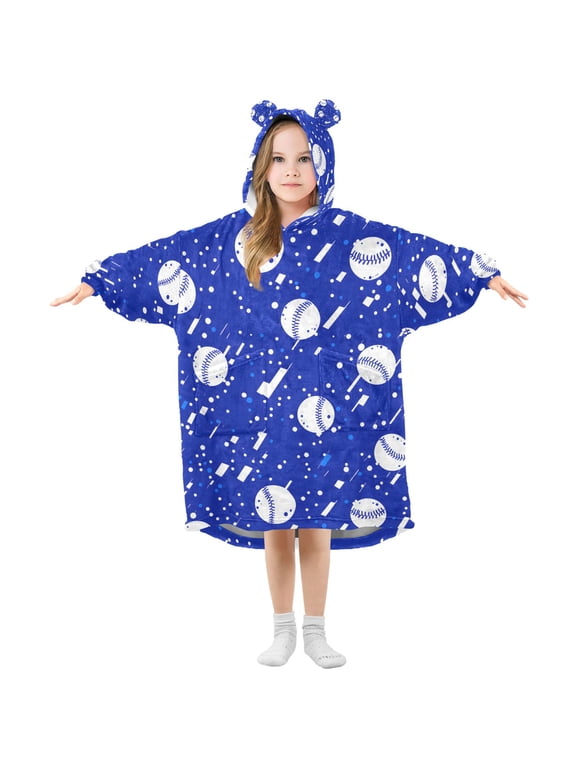 Kids Wearable Blanket Hoodie for Baseball Art Pattern Flannel Sherpa Pocket 3-14 YR S