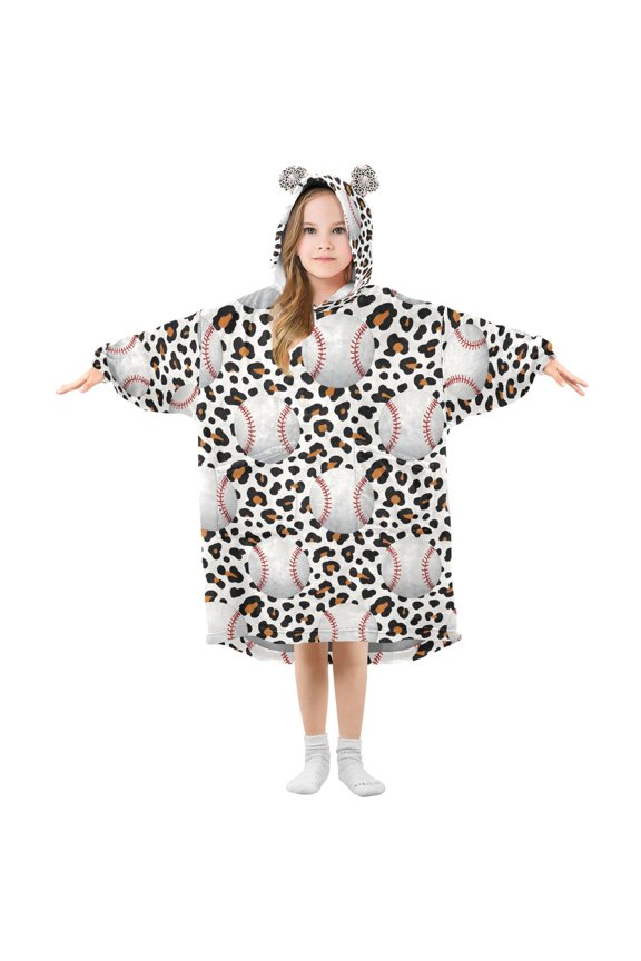 Wearable Blanket Hoodie for Baseballs in Leopard Oversized Sherpa Hooded 3-14 YR M