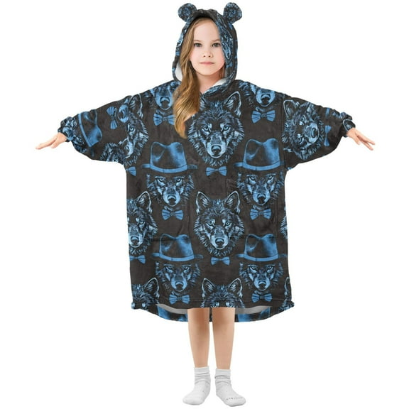 joogoo Wearable Blanket Hoodie for Blue Wolf with Hats Flannel Sherpa Pocket 3-14 YR S