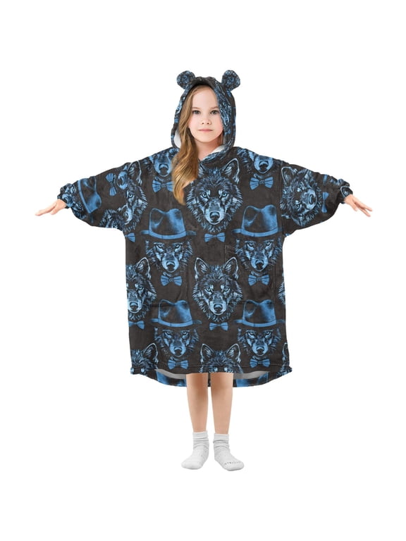 Kids Wearable Blanket Hoodie for Blue Wolf with Hats Flannel Sherpa Pocket 3-14 YR S