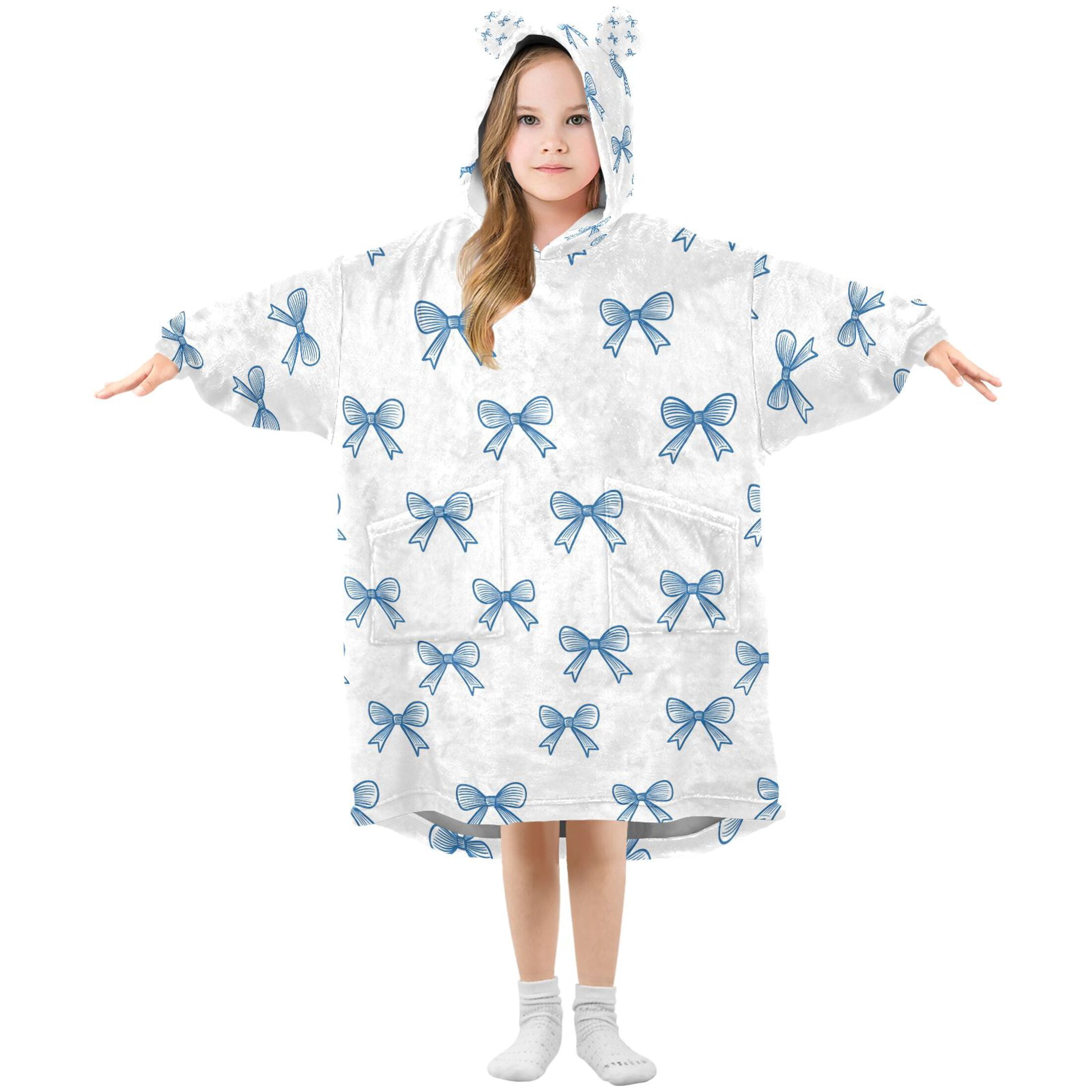 joogoo Wearable Blanket Hoodie for Bows Blue Flannel Sherpa Pocket 3-14 YR S