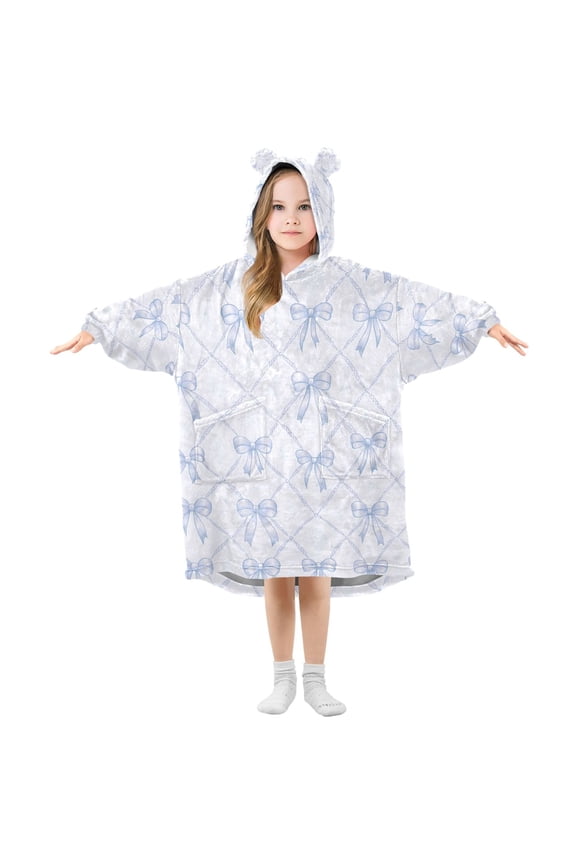 Wearable Blanket Hoodie for Bows Checkered Blue Oversized Sherpa Hooded 3-14 YR M