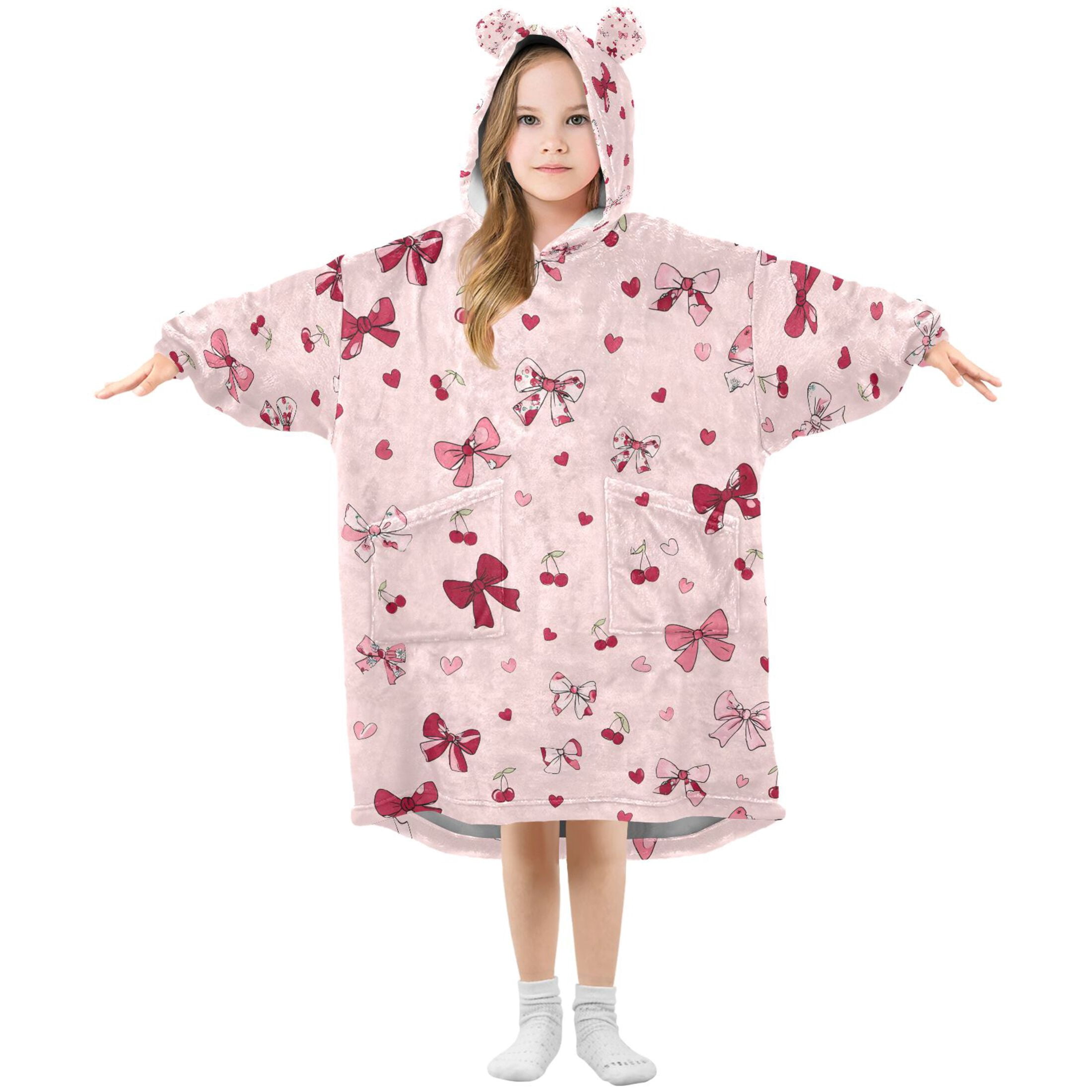joogoo Wearable Blanket Hoodie for Bows Hearts Cherry Flannel Sherpa Pocket 3-14 YR S