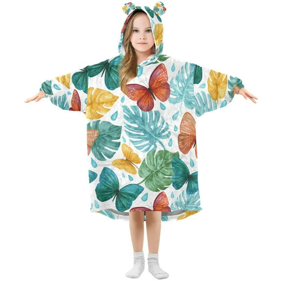 joogoo Wearable Blanket Hoodie for Butterfly Palm Leaves Flannel Sherpa Pocket 3-14 YR S
