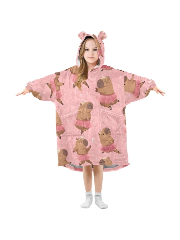Kids Wearable Blanket Hoodie for Capybara Dancing Oversized Sherpa Hooded 3-14 YR M