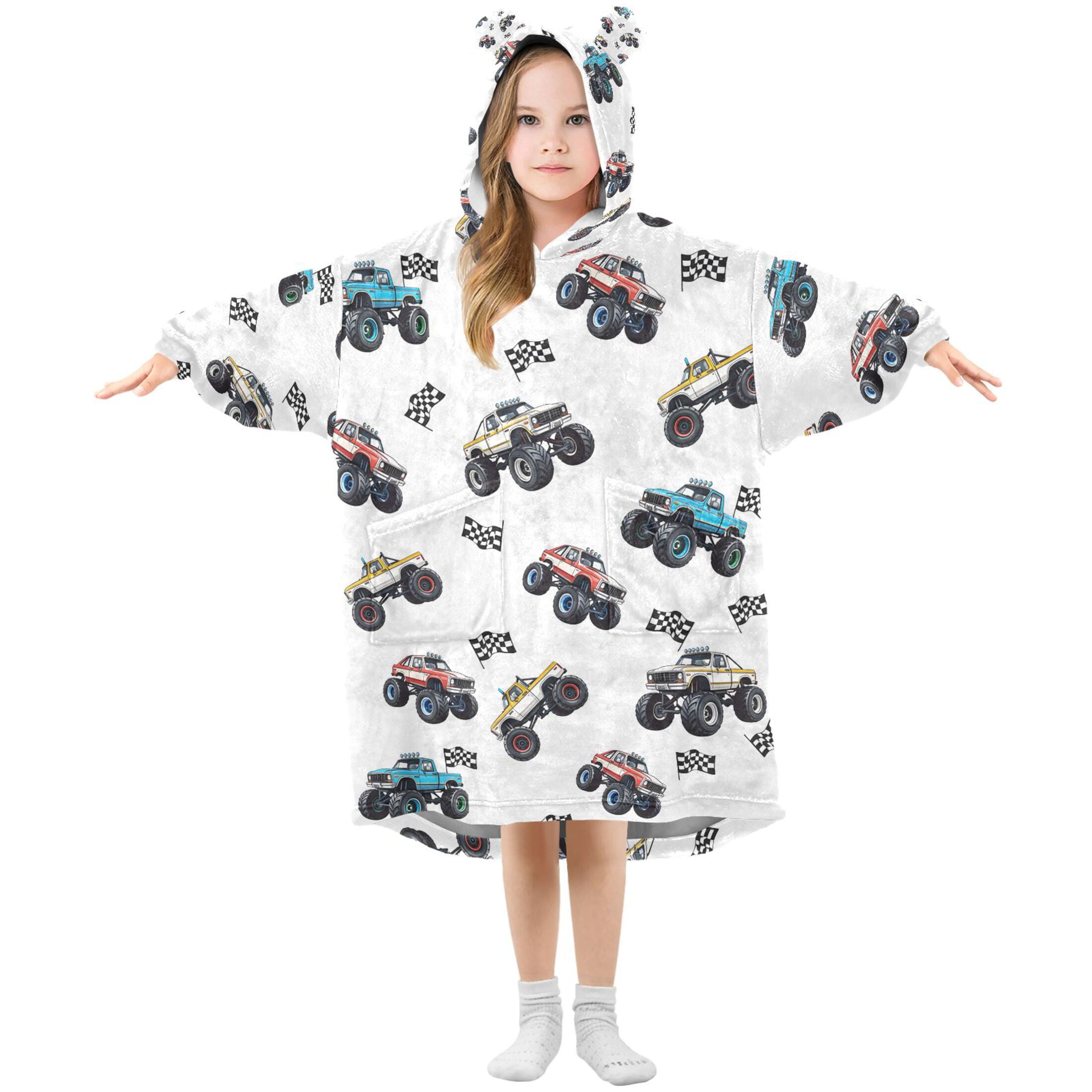 joogoo Wearable Blanket Hoodie for Car Trucks Cartoon Checkered Flag Flannel Sherpa Pocket 3-14 YR S