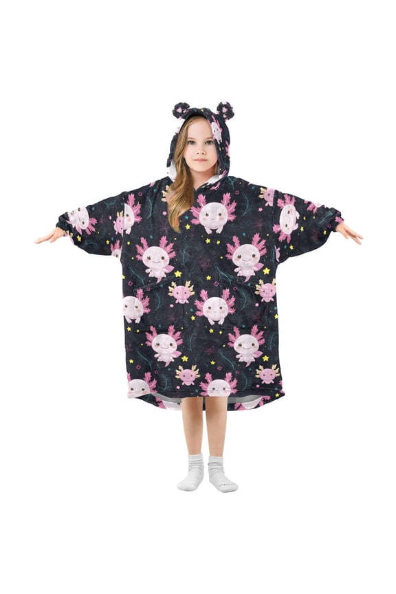 Wearable Blanket Hoodie for Cartoon Axolotl Stars Oversized Sherpa Hooded 3-14 YR M