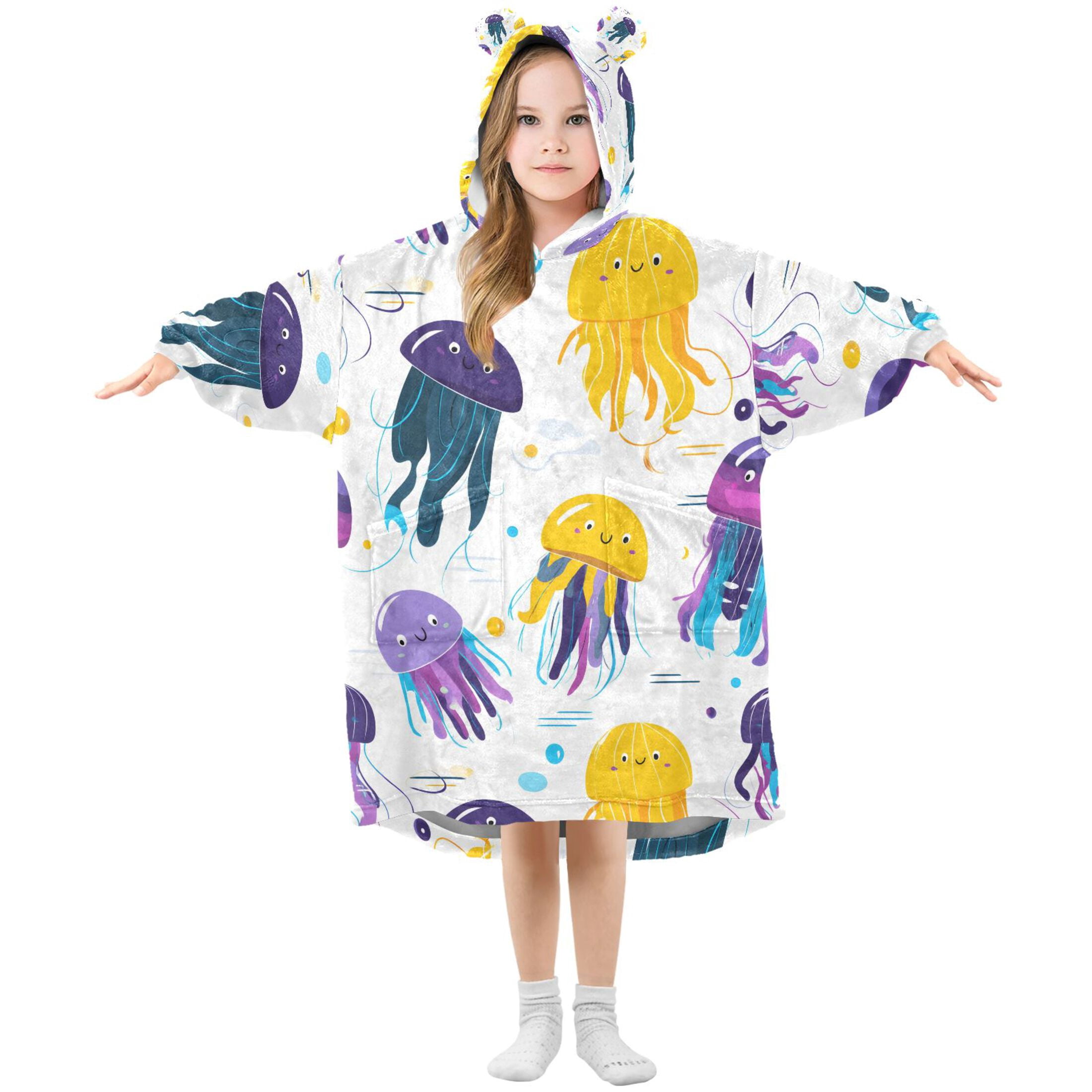 joogoo Wearable Blanket Hoodie for Cartoon Cute Jellyfish Flannel Sherpa Pocket 3-14 YR S