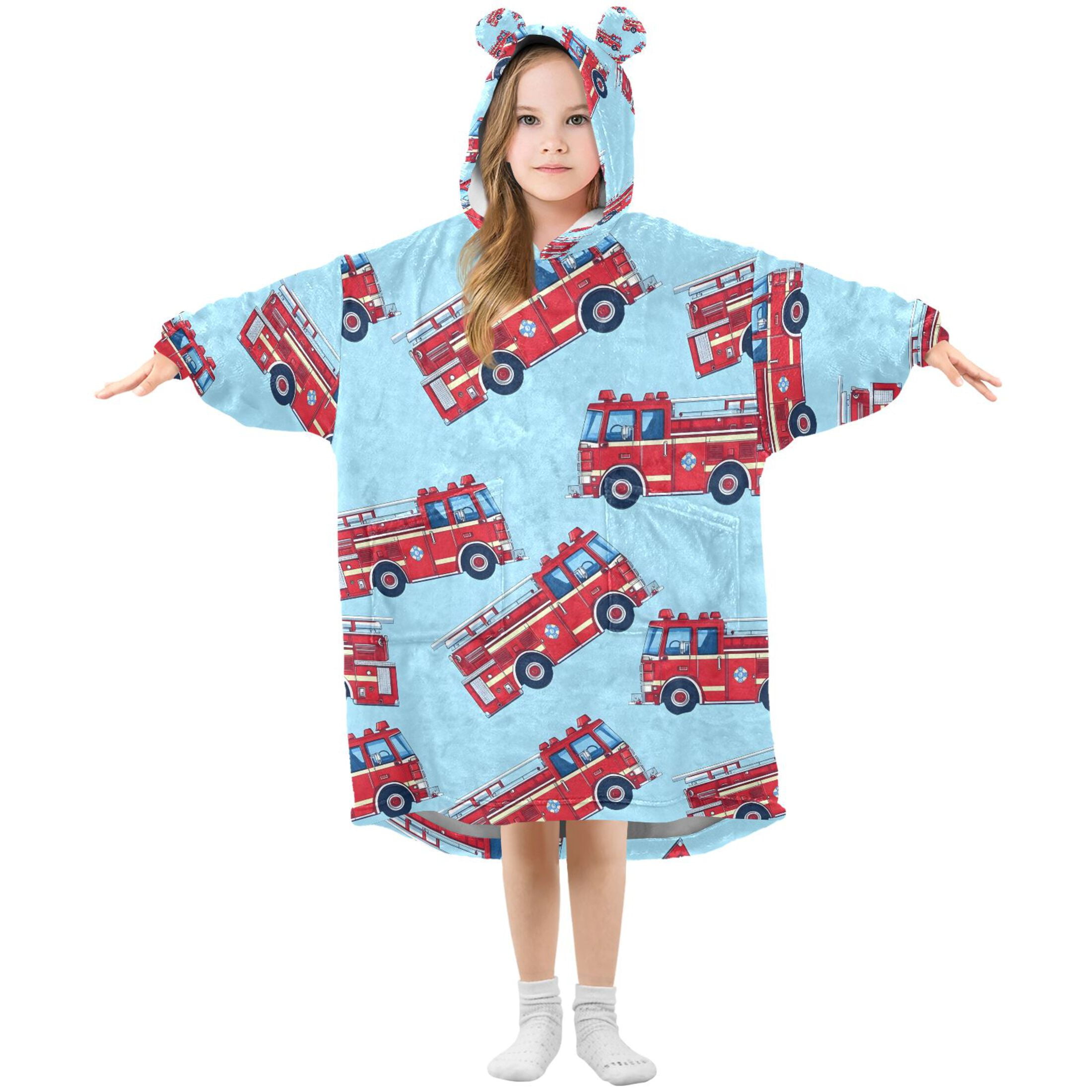 joogoo Wearable Blanket Hoodie for Cartoon Fire Trucks Oversized Sherpa Hooded 3-14 YR M