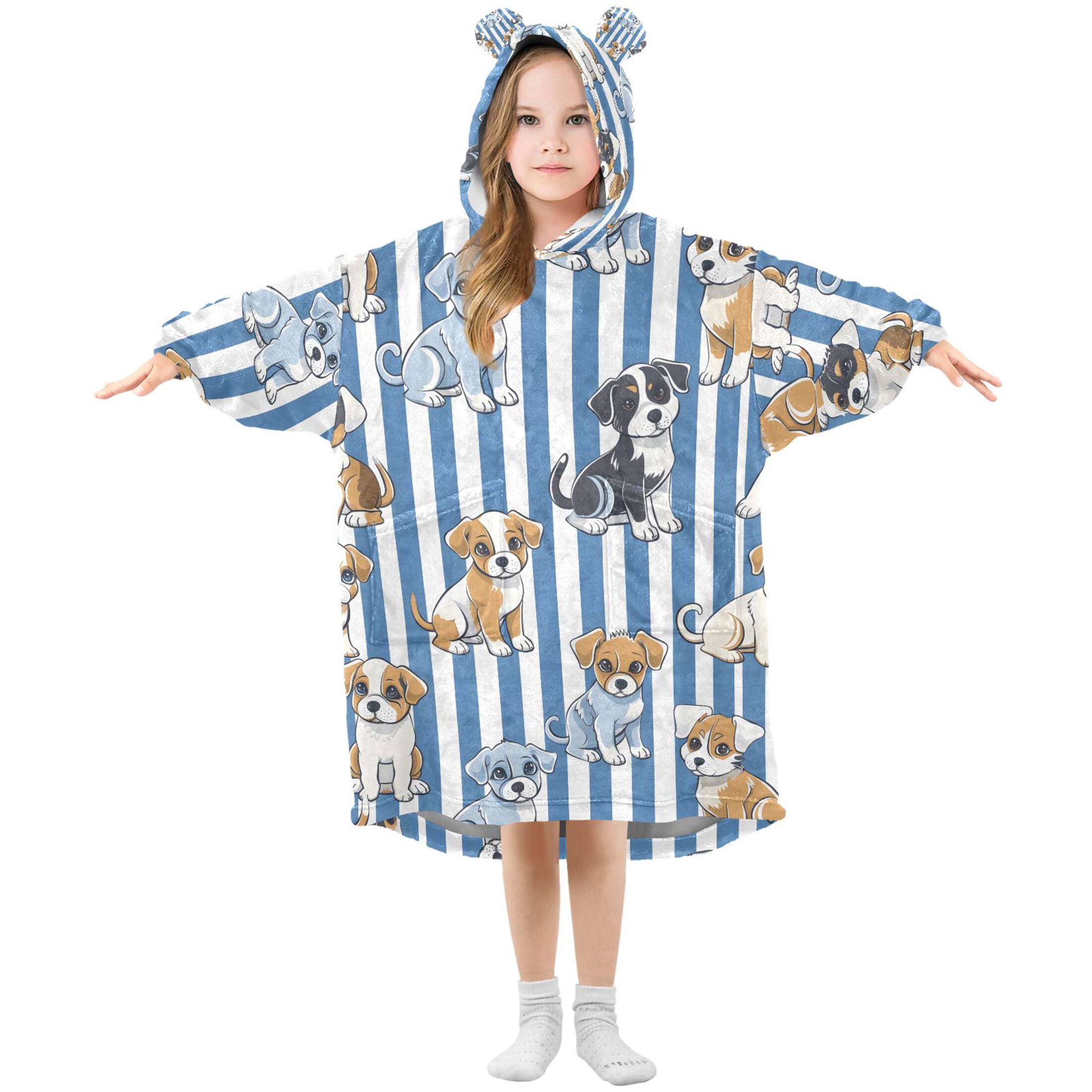 joogoo Wearable Blanket Hoodie for Cartoon Puppy Dog Stripes Flannel Sherpa Pocket 3-14 YR S