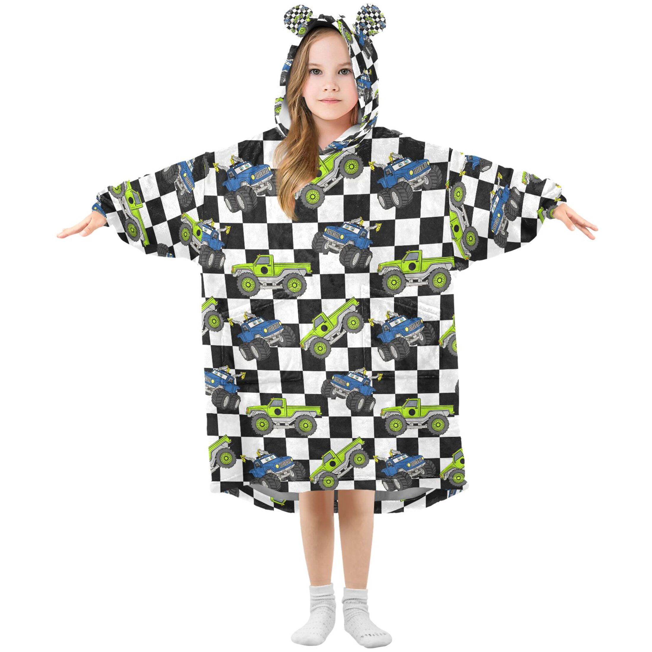 joogoo Wearable Blanket Hoodie for Cartoon Vehicle Car Checkered Flannel Sherpa Pocket 3-14 YR S
