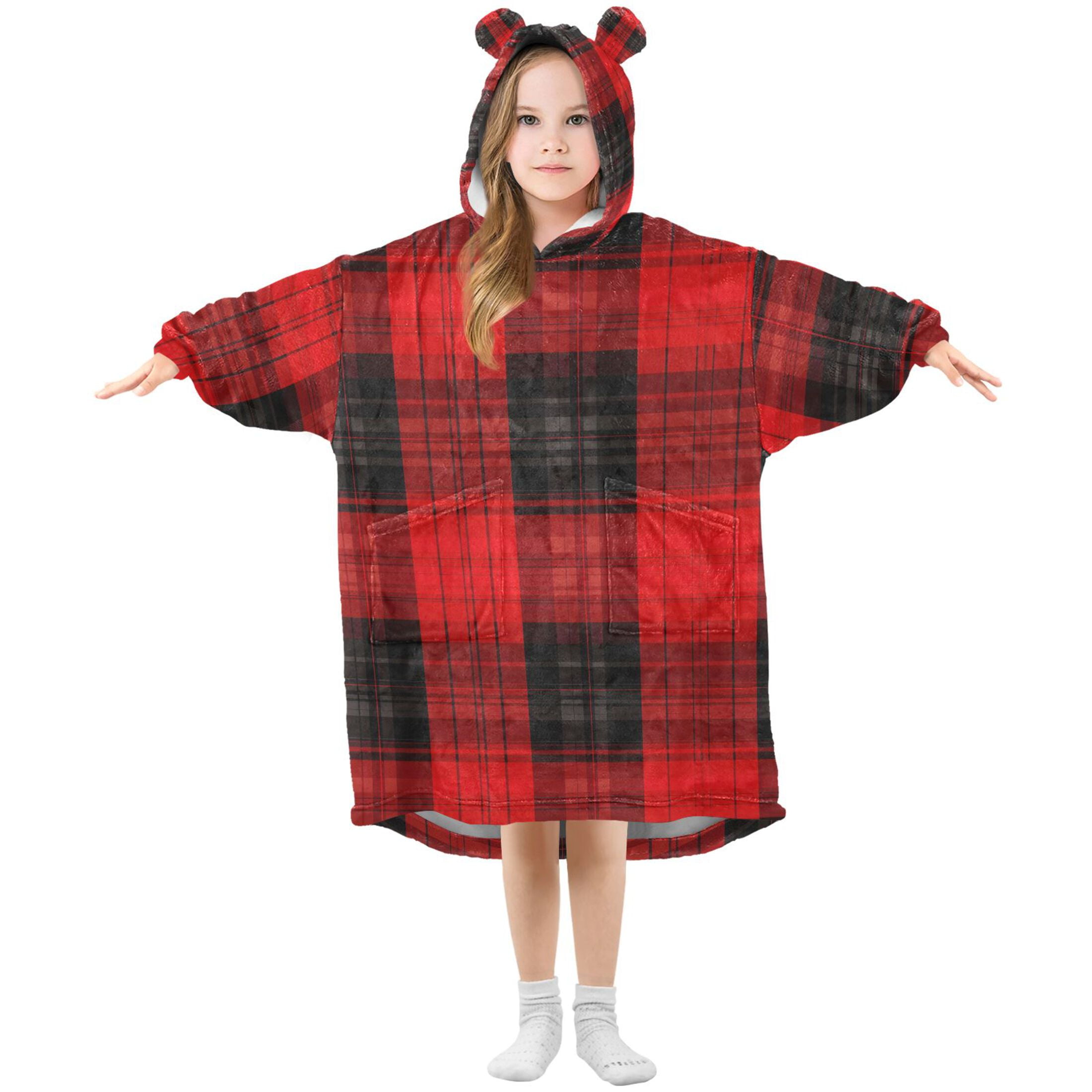 joogoo Wearable Blanket Hoodie for Checkered Print Flannel Sherpa Pocket 3-14 YR S