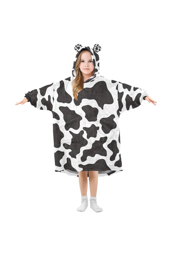 Kids Wearable Blanket Hoodie for Cow Print Flannel Sherpa Pocket 3-14 YR S
