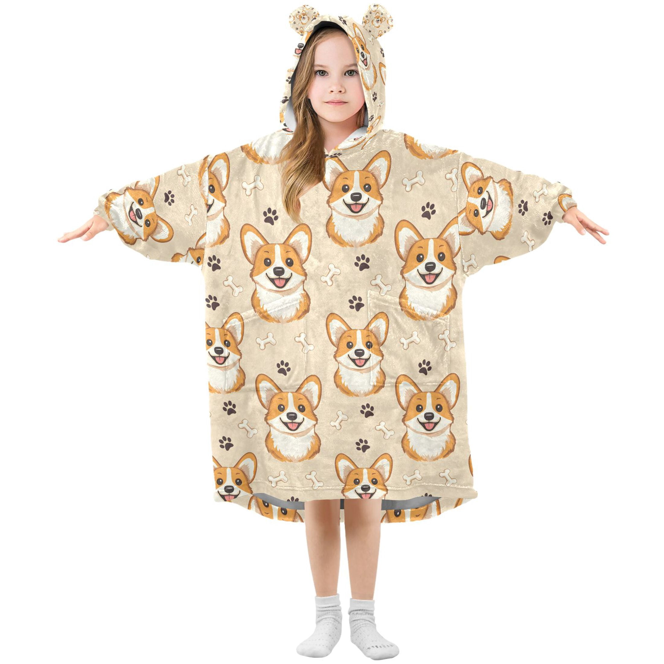 joogoo Wearable Blanket Hoodie for Cute Corgi Dog Bone Footprint Flannel Sherpa Pocket 3-14 YR S