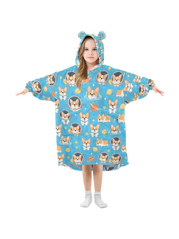 Kids Wearable Blanket Hoodie for Cute Corgi Dog Space Flannel Sherpa Pocket 3-14 YR S