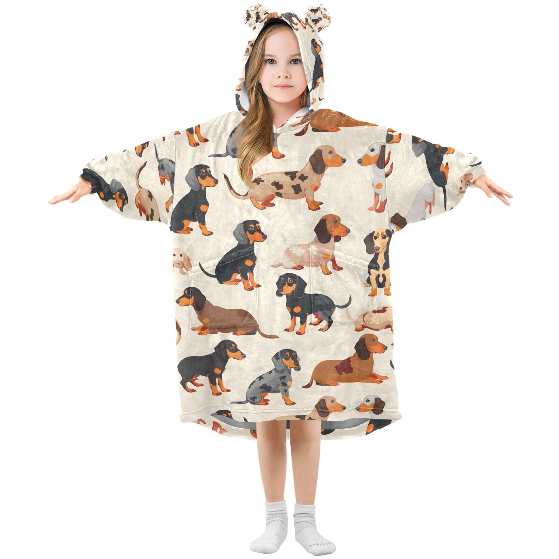 joogoo Wearable Blanket Hoodie for Cute Dachshund Dog Flannel Sherpa Pocket 3-14 YR S
