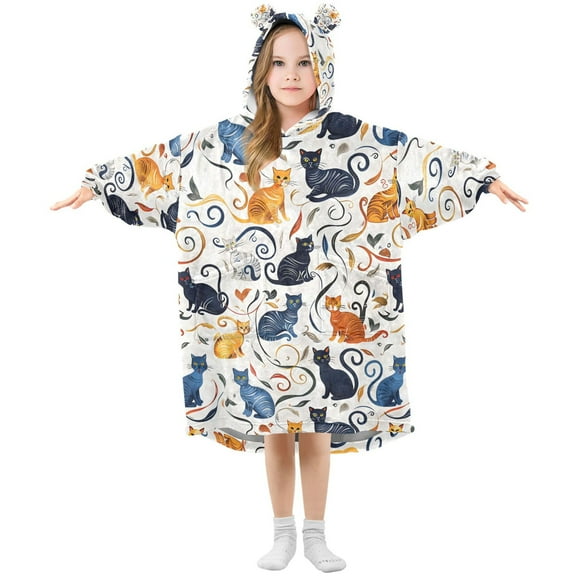 joogoo Wearable Blanket Hoodie for Cute Doodle Cat Flannel Sherpa Pocket 3-14 YR S