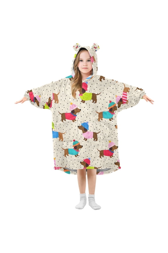 Wearable Blanket Hoodie for Dachshund Dog Polka Dots Oversized Sherpa Hooded 3-14 YR M