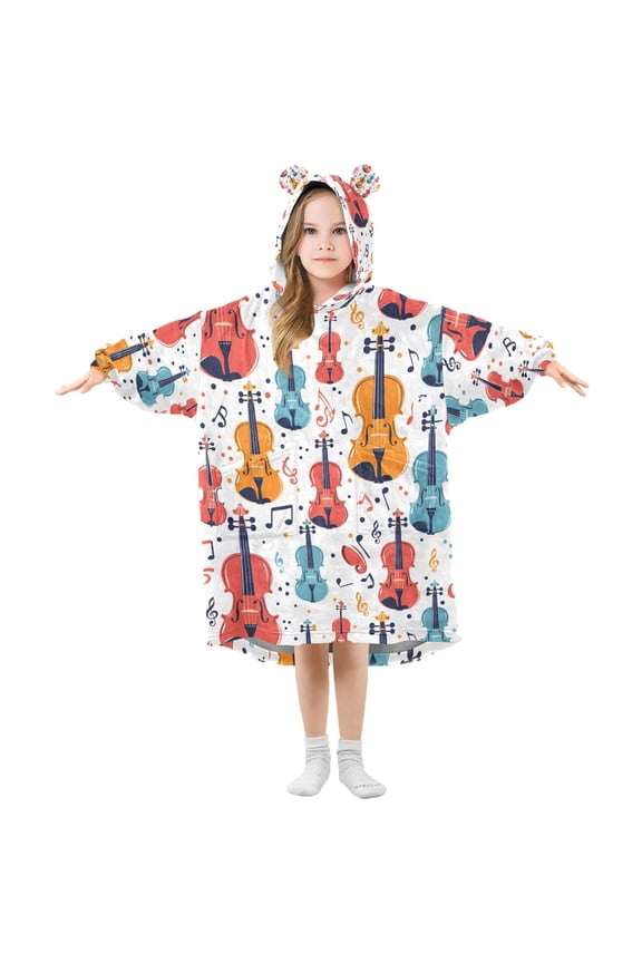Wearable Blanket Hoodie for Guitar Music Notes Oversized Sherpa Hooded 3-14 YR M