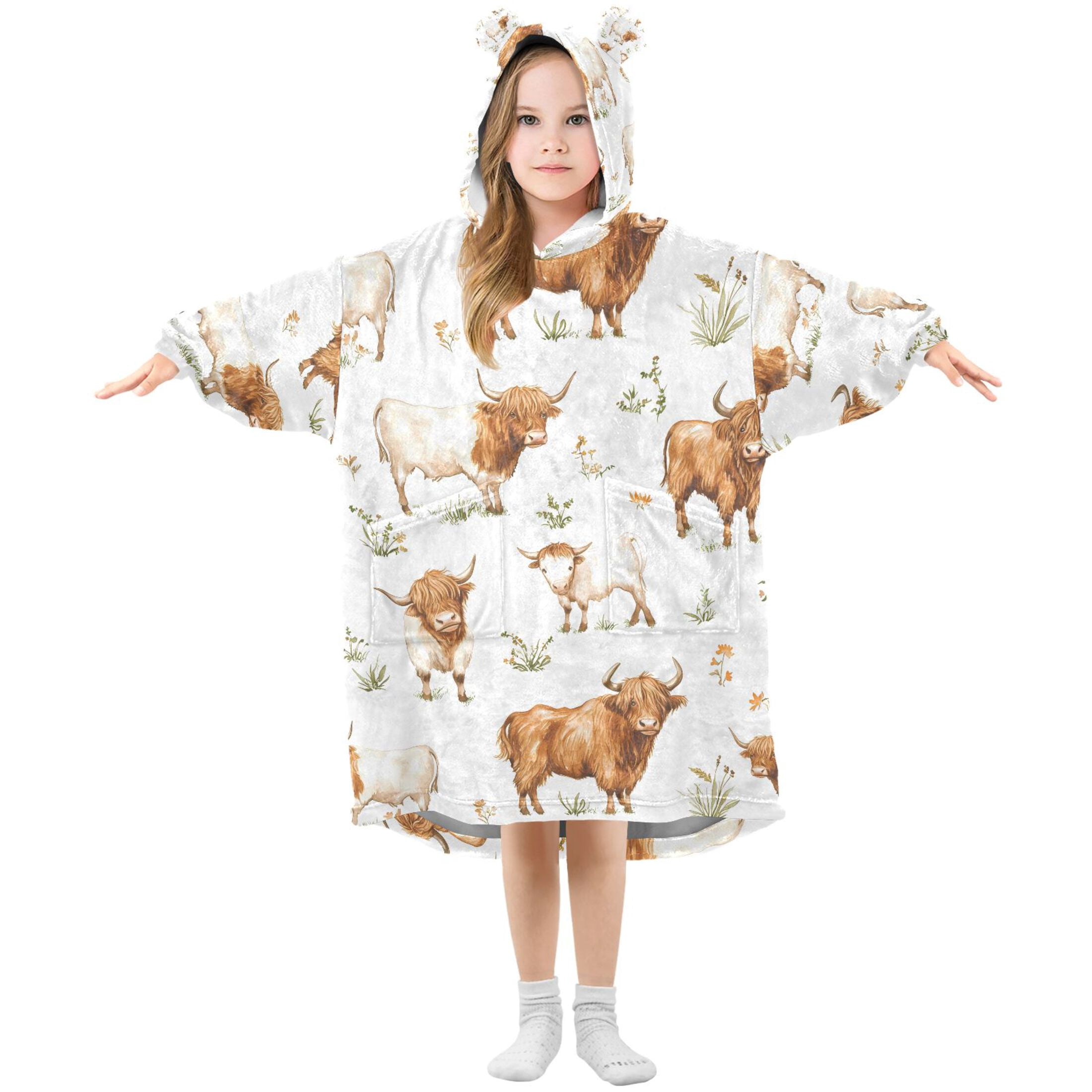 joogoo Wearable Blanket Hoodie for Highland Cattle Flower-w2 Flannel Sherpa Pocket 3-14 YR S