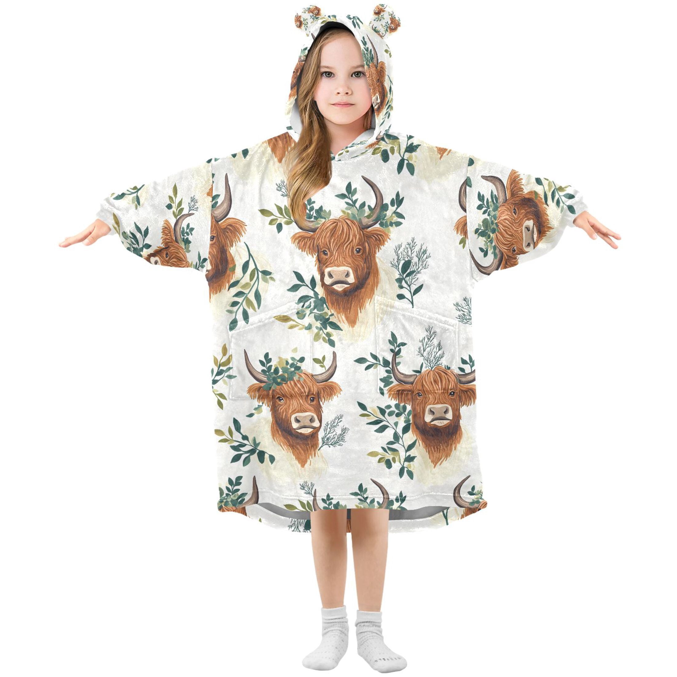 joogoo Wearable Blanket Hoodie for Highland Cattle Leaves-h1 Oversized Sherpa Hooded 3-14 YR M