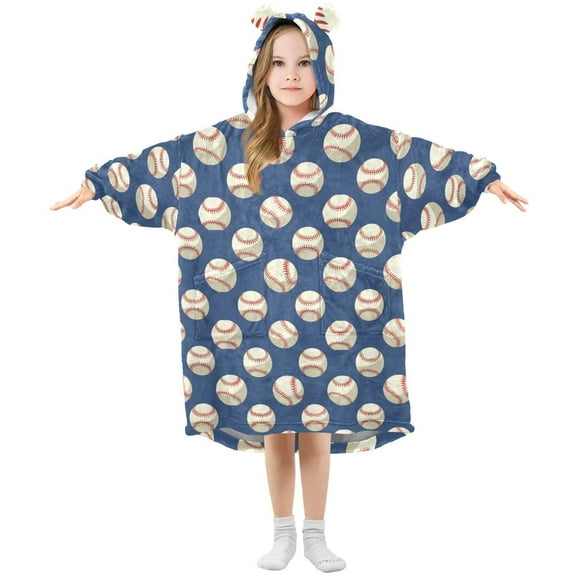 joogoo Wearable Blanket Hoodie for Kids Baseball Blue Flannel Oversized Sweatshirt 3-14 Years S