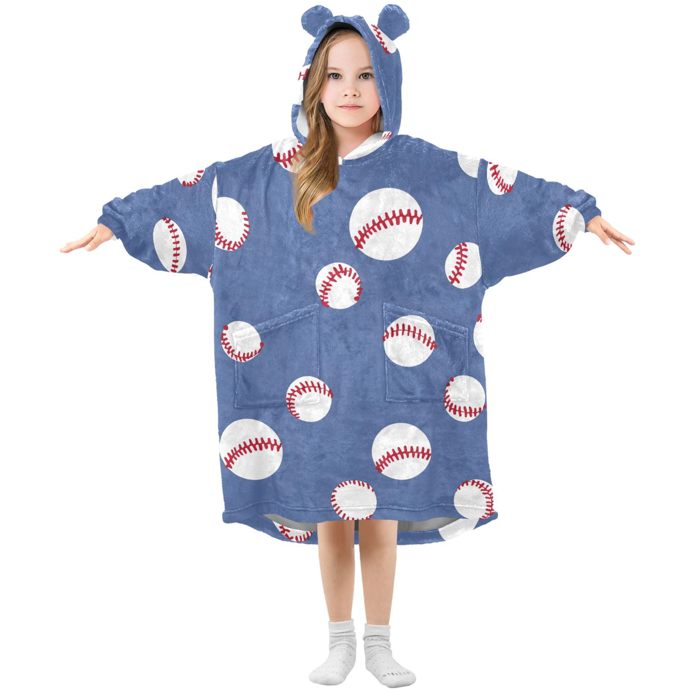 joogoo Wearable Blanket Hoodie for Kids Baseball Pattern Flannel Oversized Sweatshirt 3-14 Years L