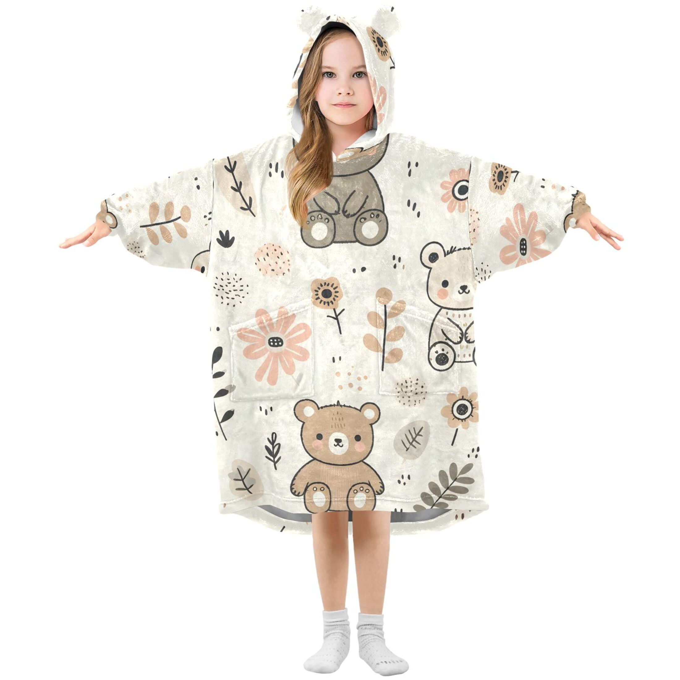 joogoo Wearable Blanket Hoodie for Kids Bears and Flowers Flannel Oversized Sweatshirt 3-14 Years M
