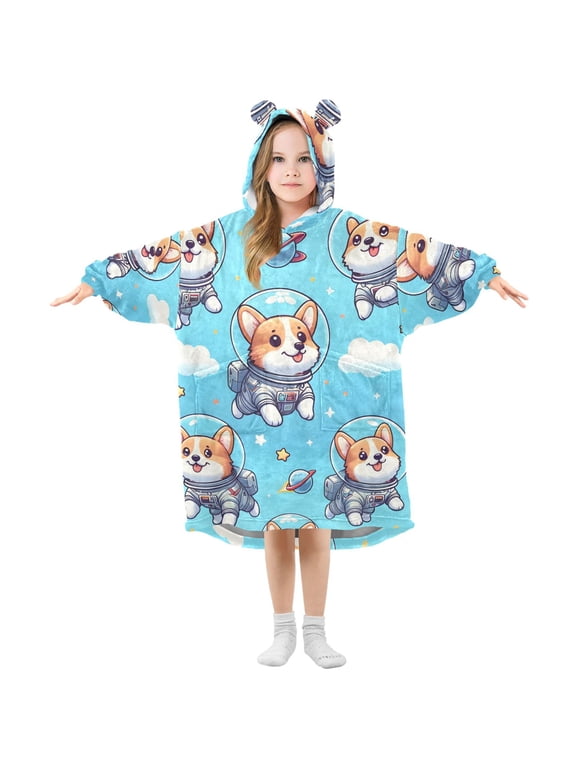 Wearable Blanket Hoodie for Kids Cartoon Corgi Dogs Space Flannel Oversized Sweatshirt 3-14 Years L