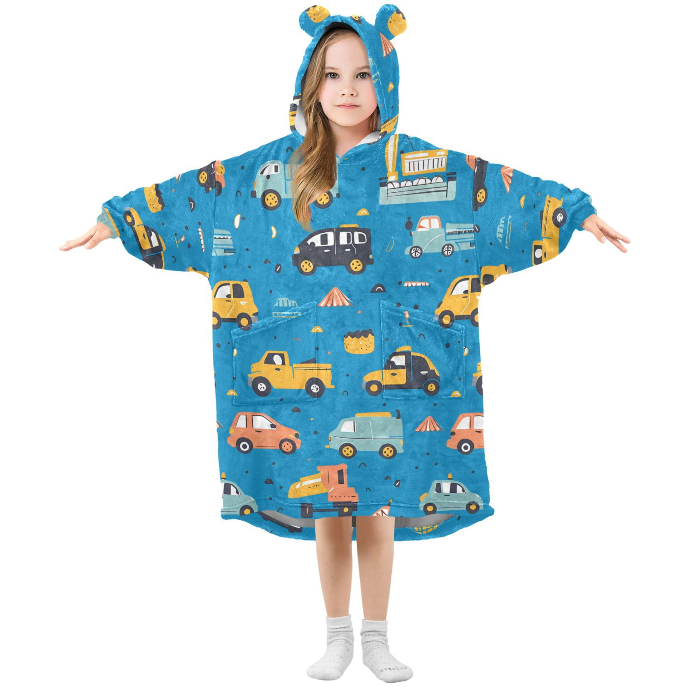 joogoo Wearable Blanket Hoodie for Kids Cartoon Trucks Cars on Blue Flannel Oversized Sweatshirt 3-14 Years S