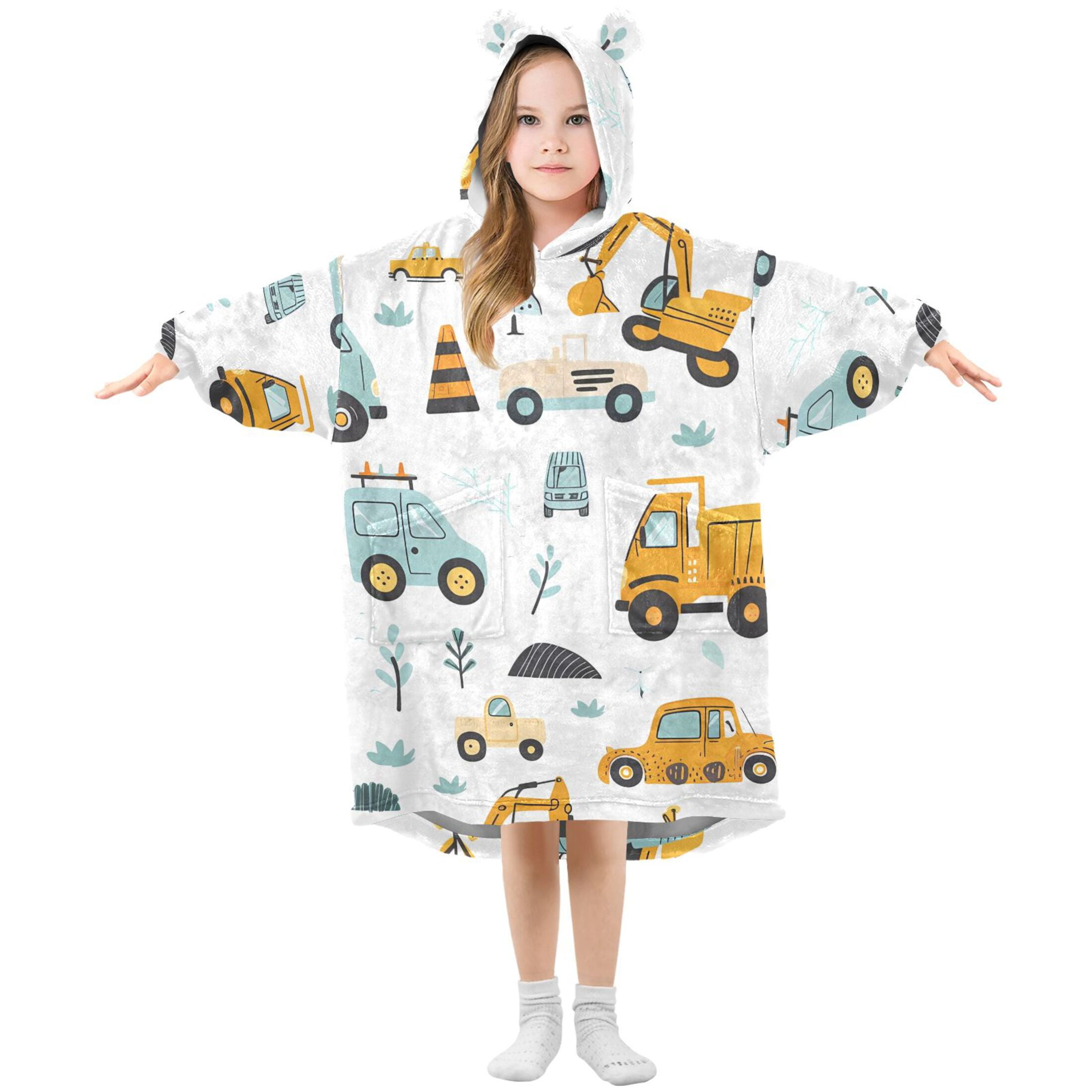 joogoo Wearable Blanket Hoodie for Kids Cartoon Vehicles Trucks Flannel Oversized Sweatshirt 3-14 Years S