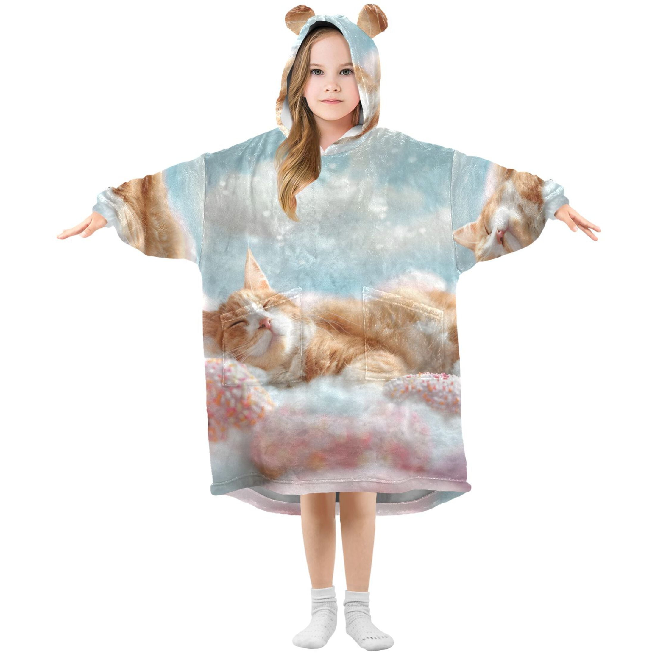 joogoo Wearable Blanket Hoodie for Kids Cute Cat Sleeping with Donuts Flannel Oversized Sweatshirt 3-14 Years M