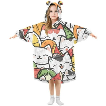 joogoo Wearable Blanket Hoodie for Kids Cute Cats and Fruits Flannel Oversized Sweatshirt 3-14 Years S