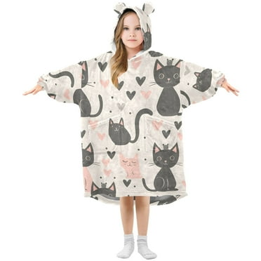 joogoo Wearable Blanket Hoodie for Kids Cute Cats and Heart Flannel Oversized Sweatshirt 3-14 Years S