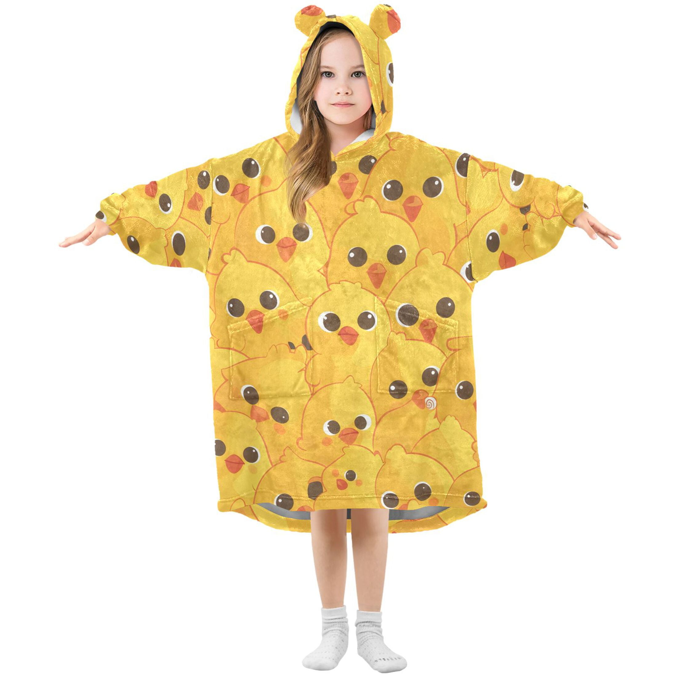 joogoo Wearable Blanket Hoodie for Kids Cute Chickens Yellow Flannel Oversized Sweatshirt 3-14 Years L