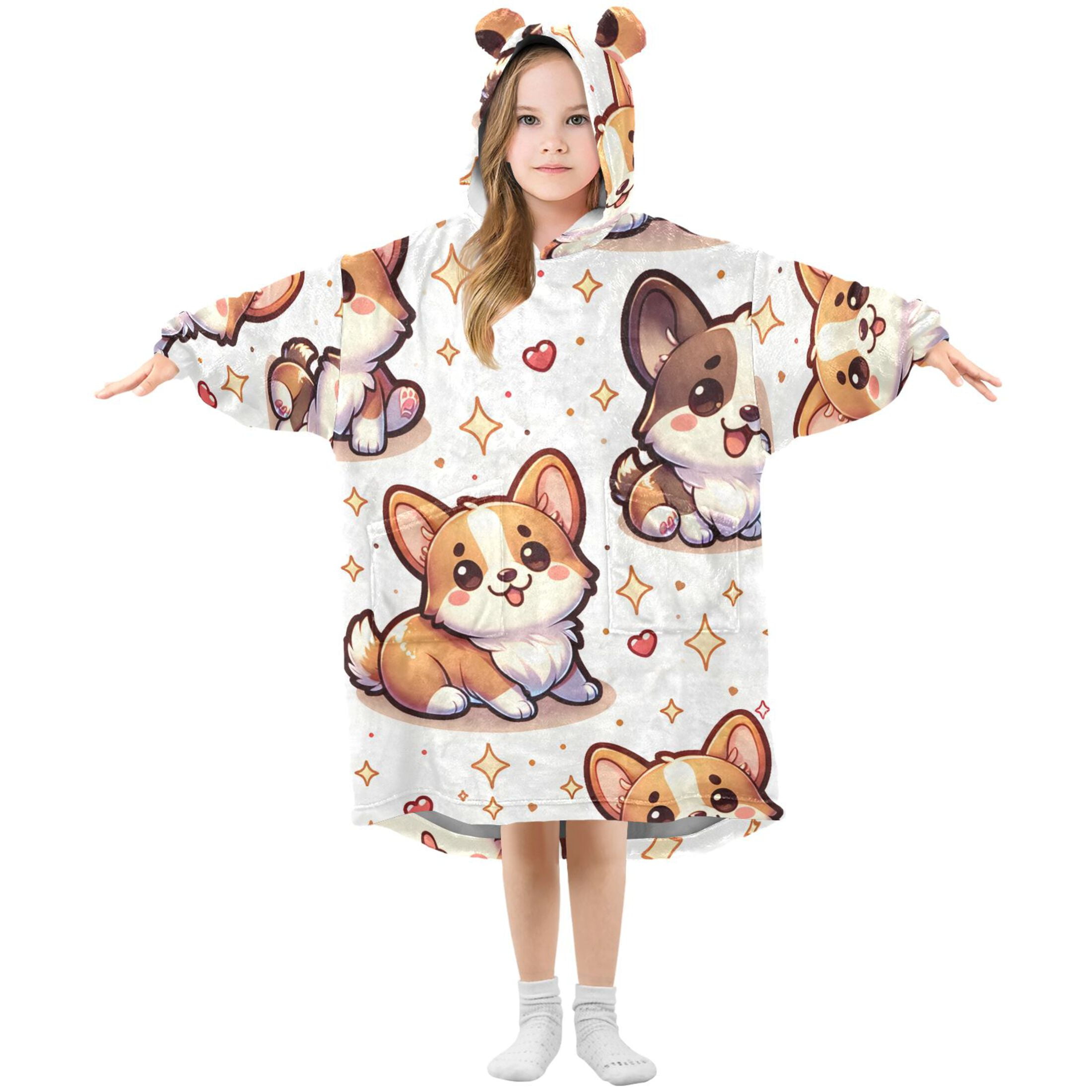joogoo Wearable Blanket Hoodie for Kids Cute Corgi Dogs Stars Flannel Oversized Sweatshirt 3-14 Years M